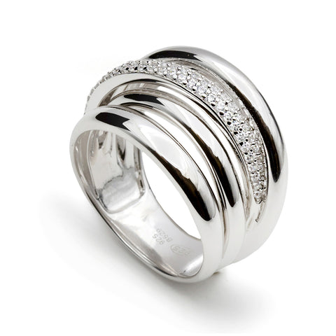 Anillo ancho de plata con rail de circonita superpuesta
