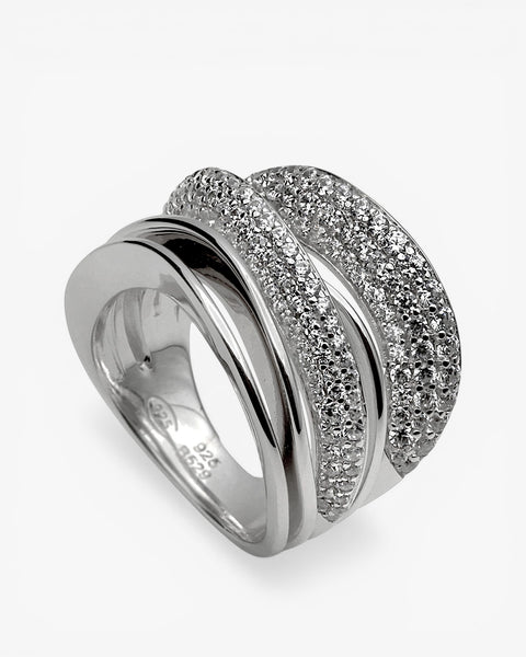 Anillo ancho de plata con circonitas combinando railes finos