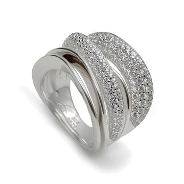 Anillo ancho de plata con circonitas combinando railes finos