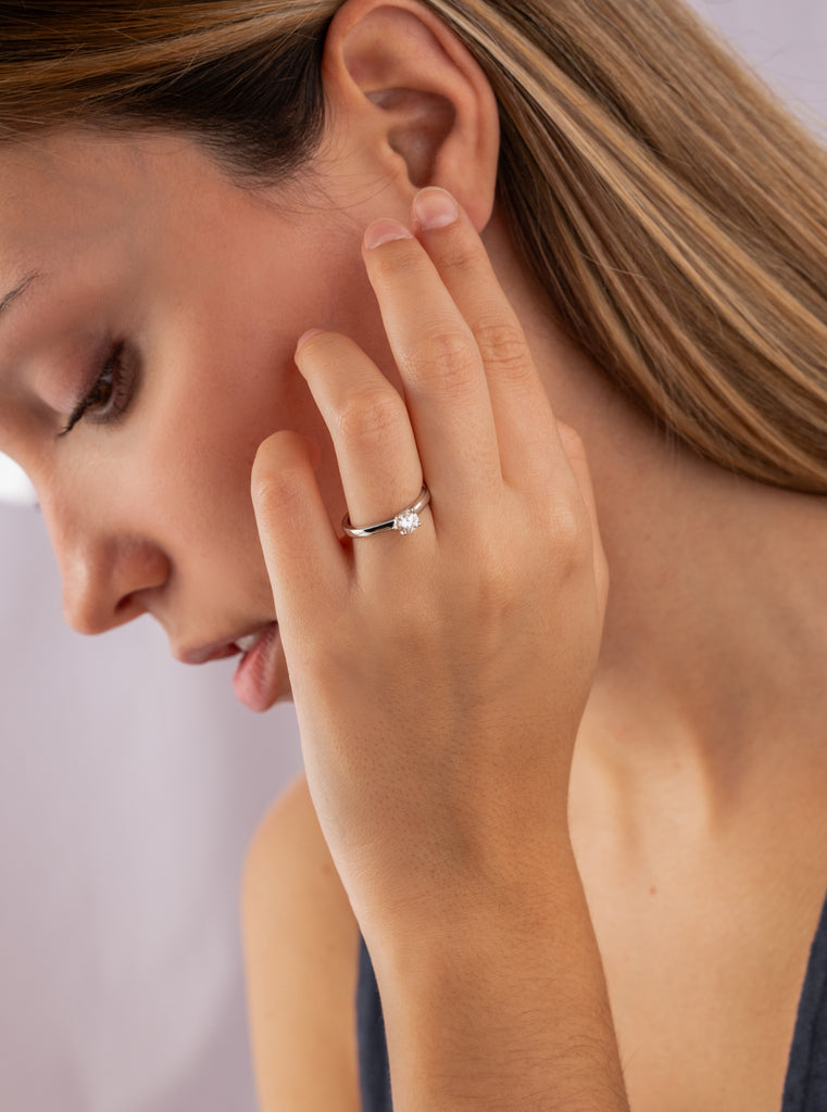 Silver solitaire ring with claw-set cubic zirconia