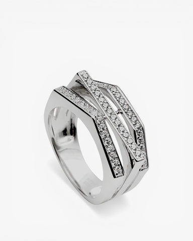 Wide ring with geometric shapes of cubic zirconia