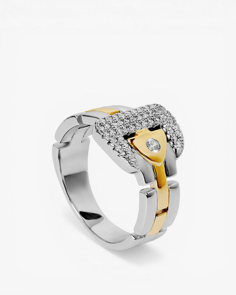 Bague bicolore avec zircone cubique et boucle