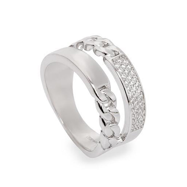 Anillo de plata ancho con circonitas y cadena