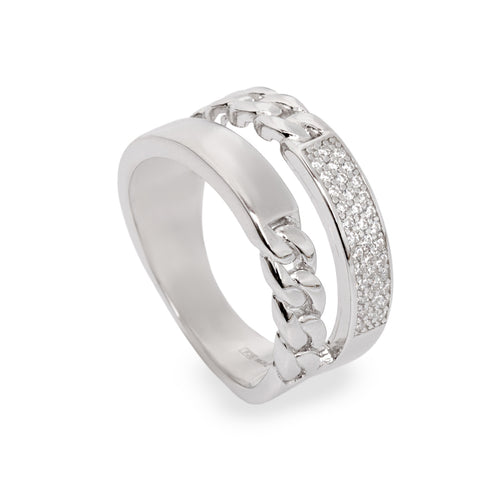 Wide silver ring with cubic zirconia and chain