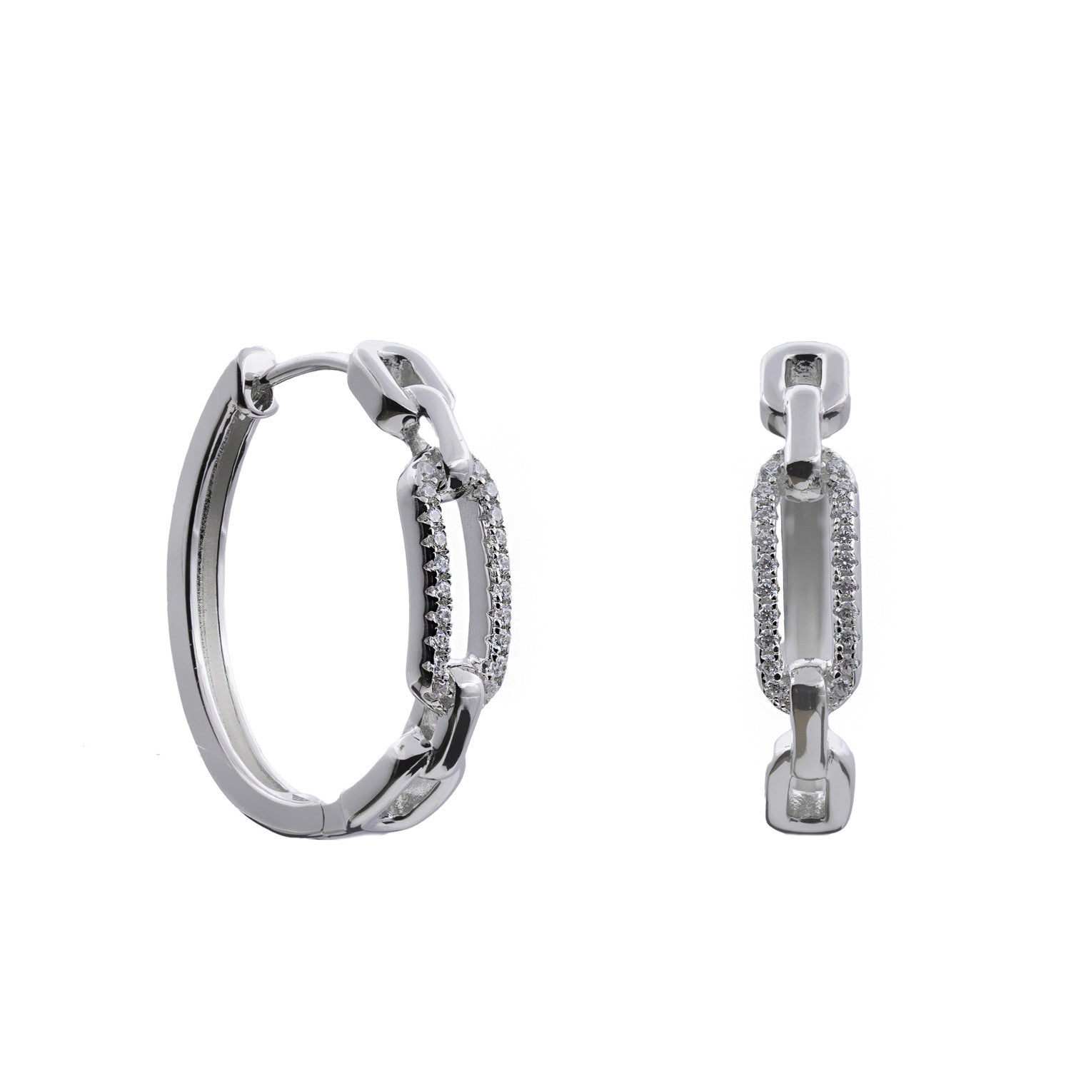 Silver hoop earring in link style with cubic zirconia