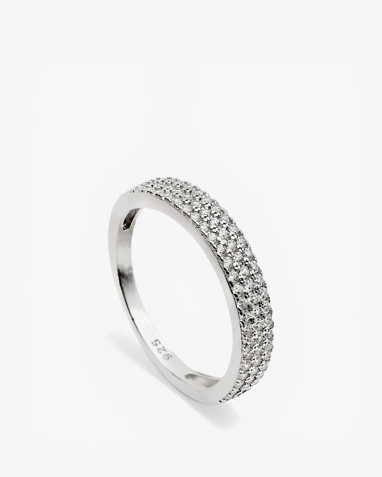 Silver ring with three rows of mini cubic zirconia