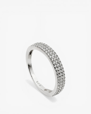 Silver ring with three rows of mini cubic zirconia