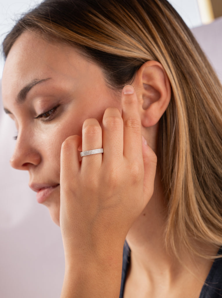 Silver ring with three rows of mini cubic zirconia