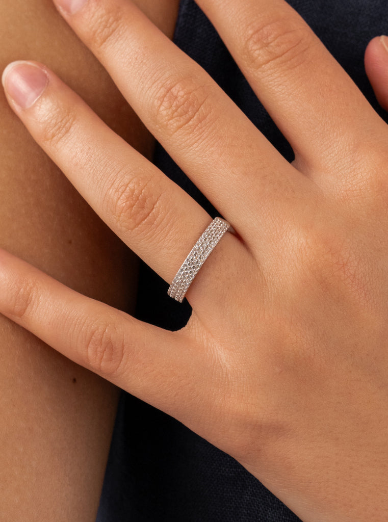 Silver ring with three rows of mini cubic zirconia