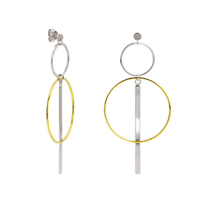 Pendientes de plata de círculos y líneas en dos tonos
