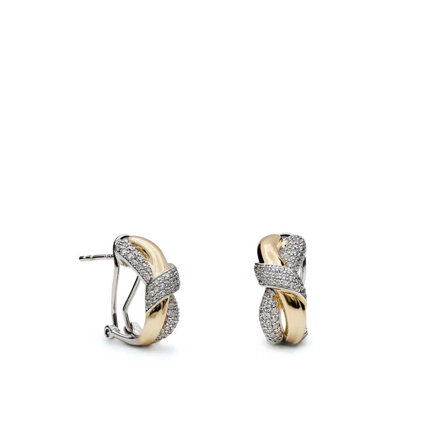 Two-tone earrings linked with a knot and cubic zirconia