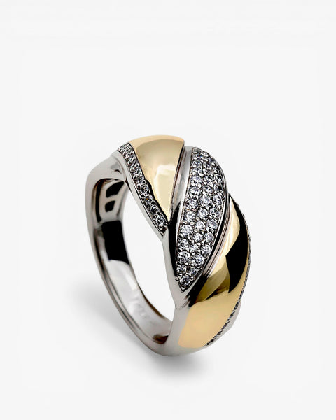 Bague tressée bicolore argent et or avec zircone cubique