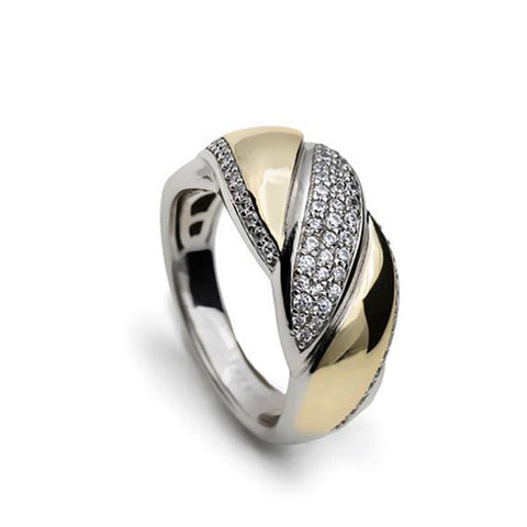 Anillo bicolor de plata y oro trenzadas con circonitas