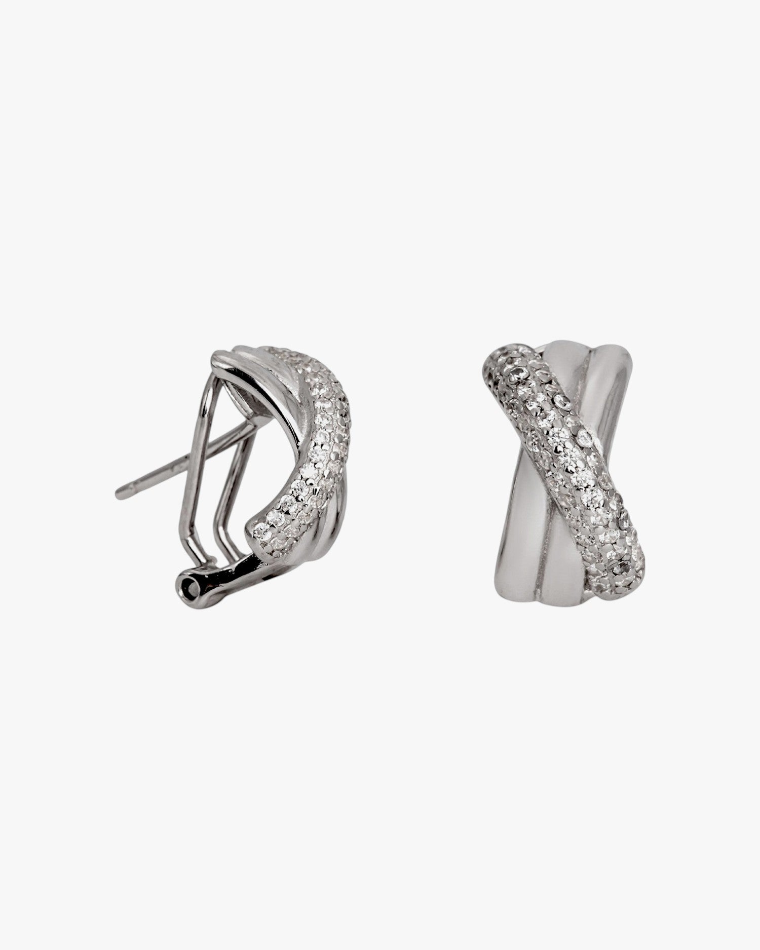 Omega-clasp cross earrings with cubic zirconia