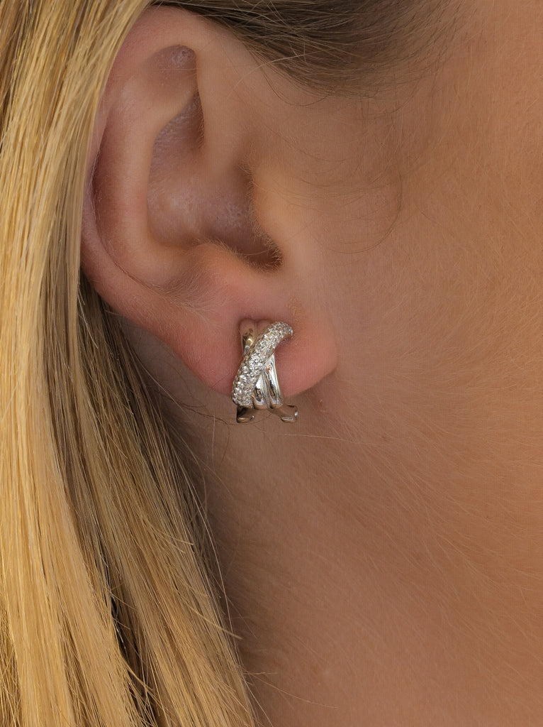 Omega-clasp cross earrings with cubic zirconia