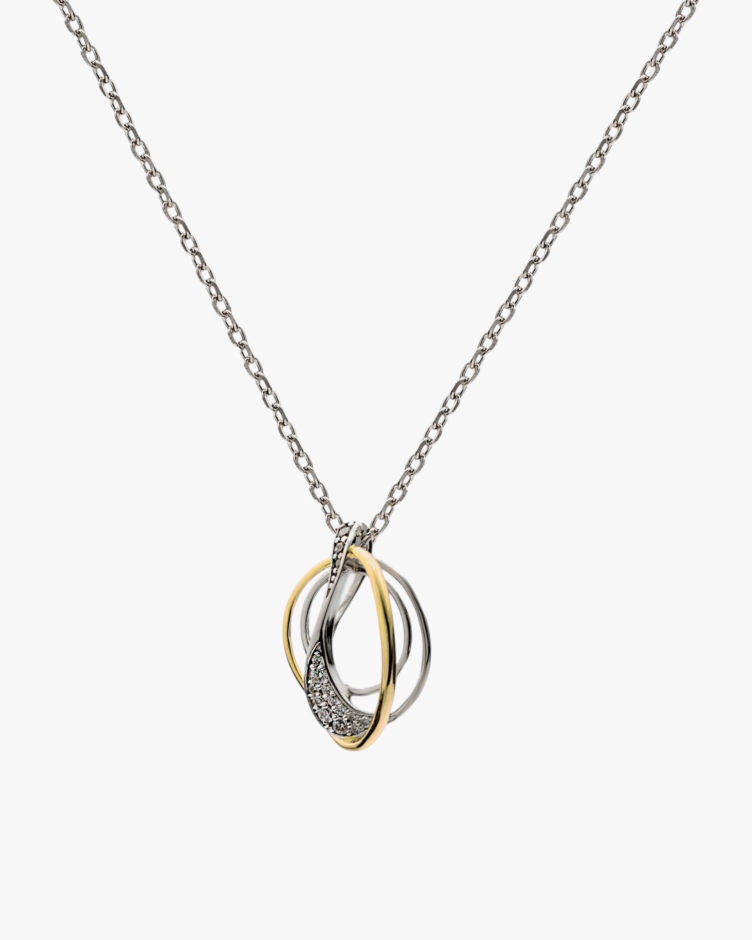 Two-tone silver necklace with intertwined cubic zirconia