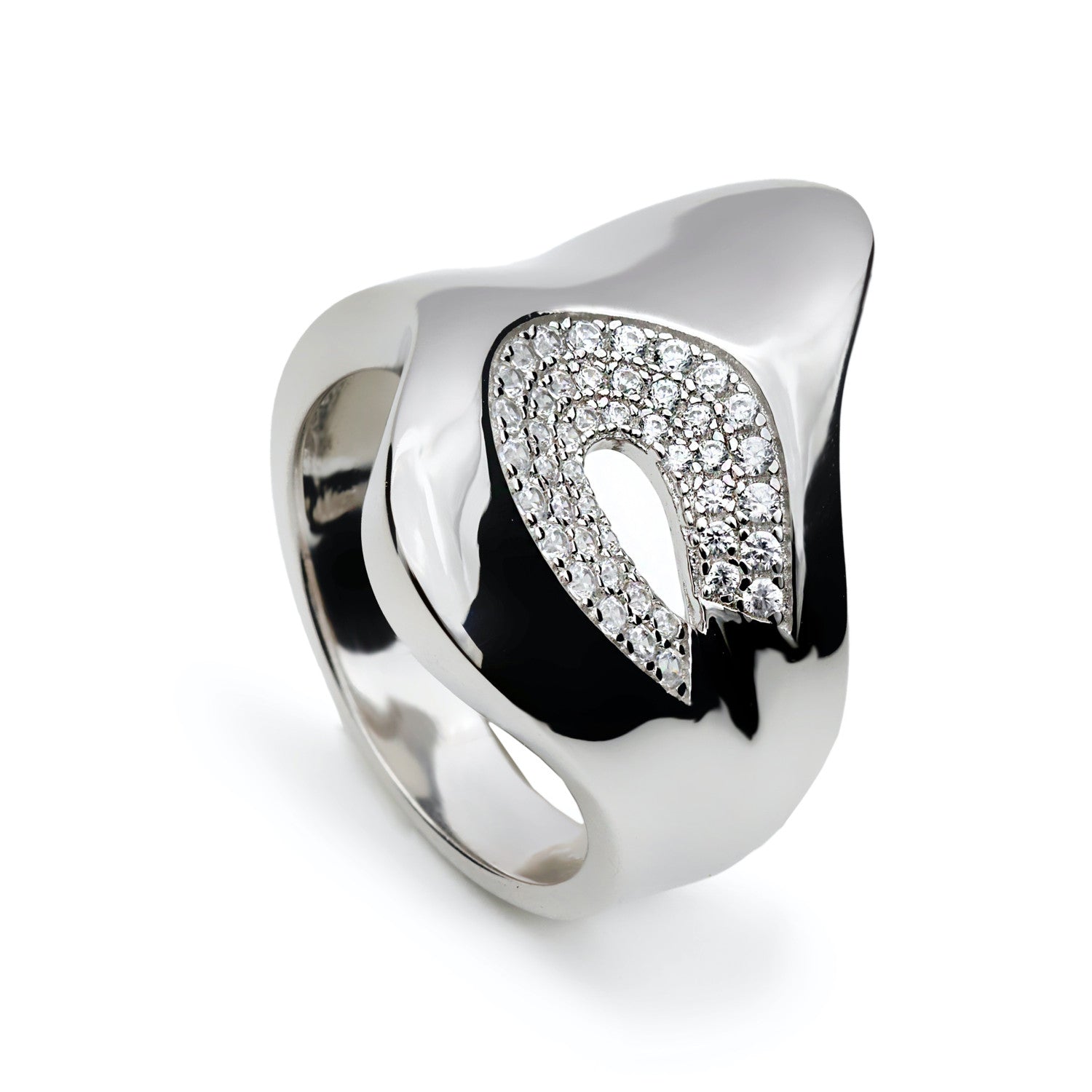 Wide abstract silver ring with cubic zirconia