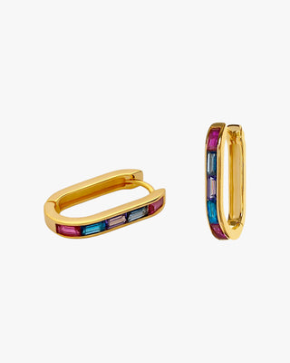 Silver hoop earrings with rectangular design and multicolored stones