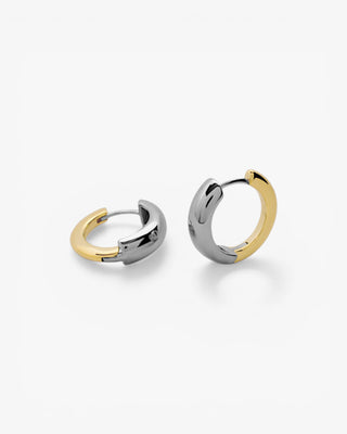 Boucles d'oreilles créoles bicolores, petit diamètre, couleur argentée sur le devant
