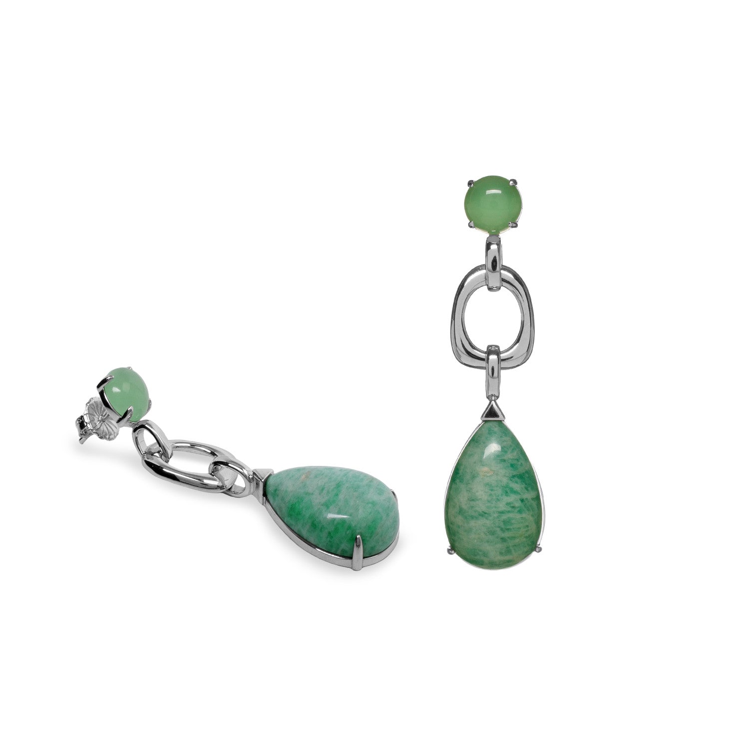 Pendientes de plata con piedra verde en lágrima y eslabones