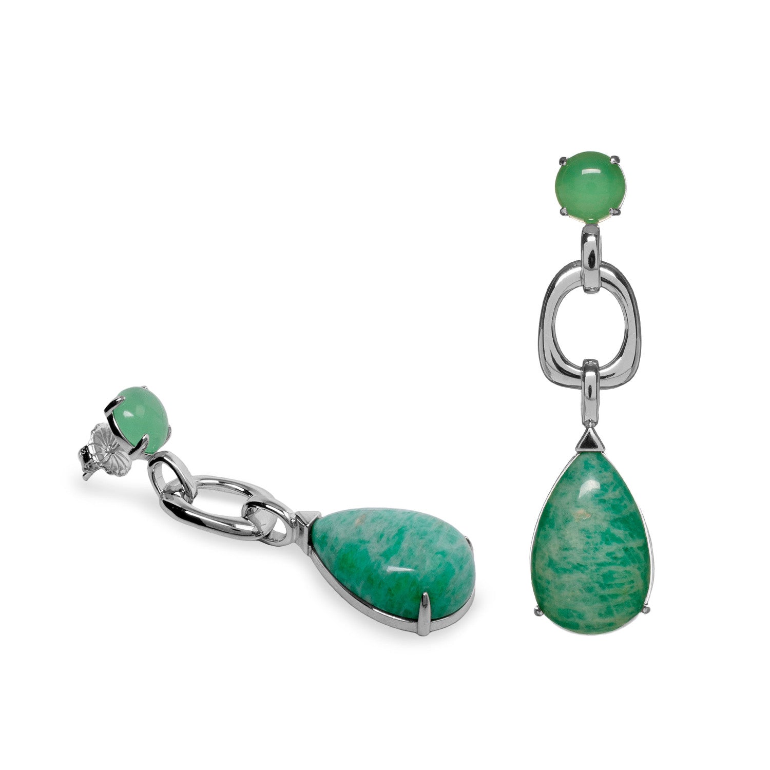 Pendientes de plata con piedra verde en lágrima y eslabones