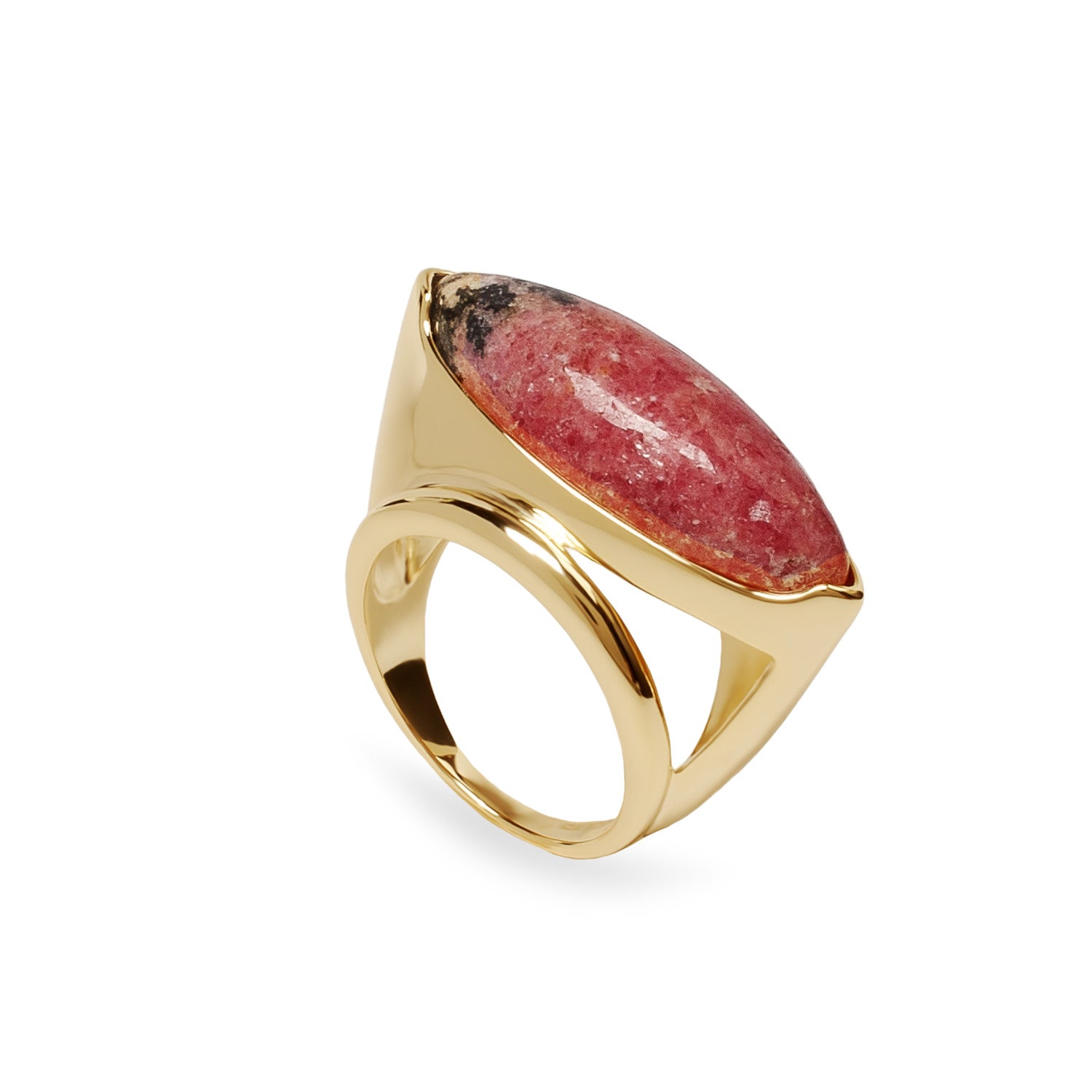 Anillo de plata bañada en oro con piedra rosa marquise jaspeada