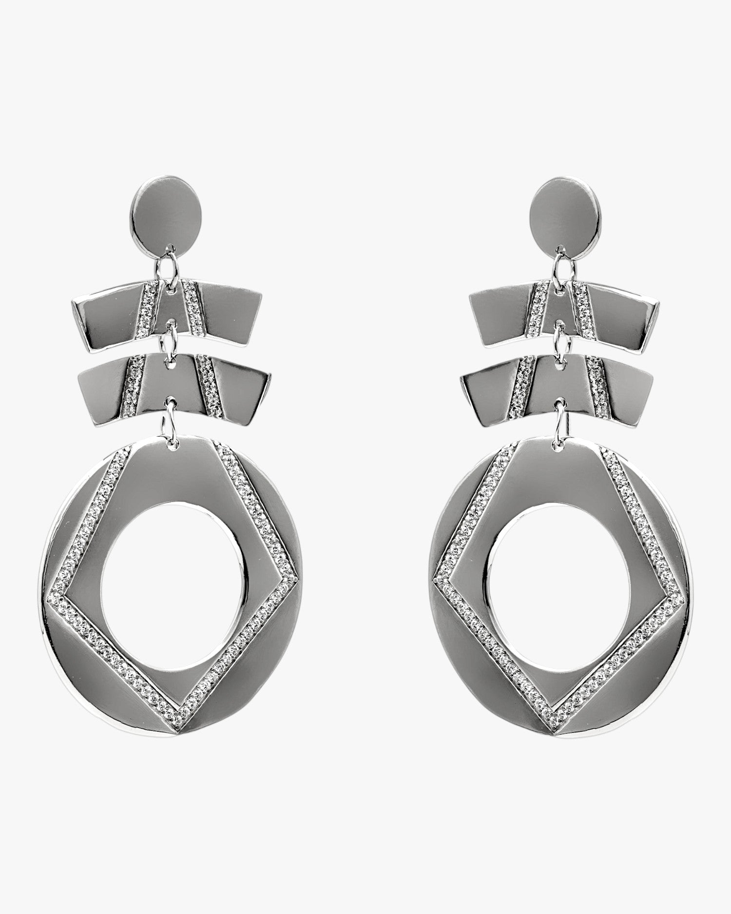 Pendientes largos de plata con circonitas diseño geometrico