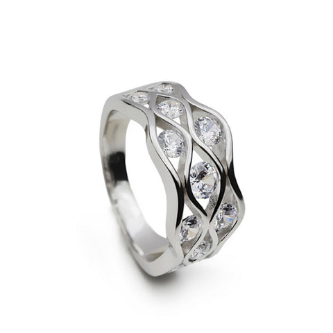 Anillo ancho de plata con circonitas diseno ondas