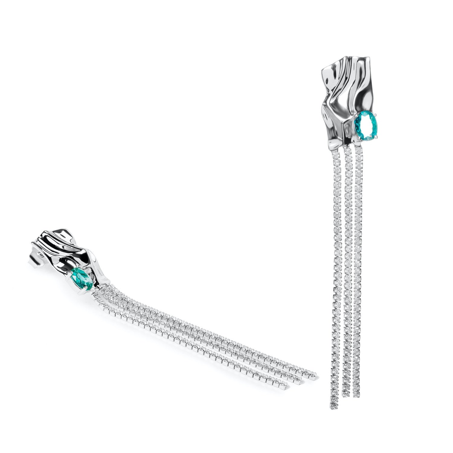 Silver earrings with emerald and triple chain of cubic zirconia
