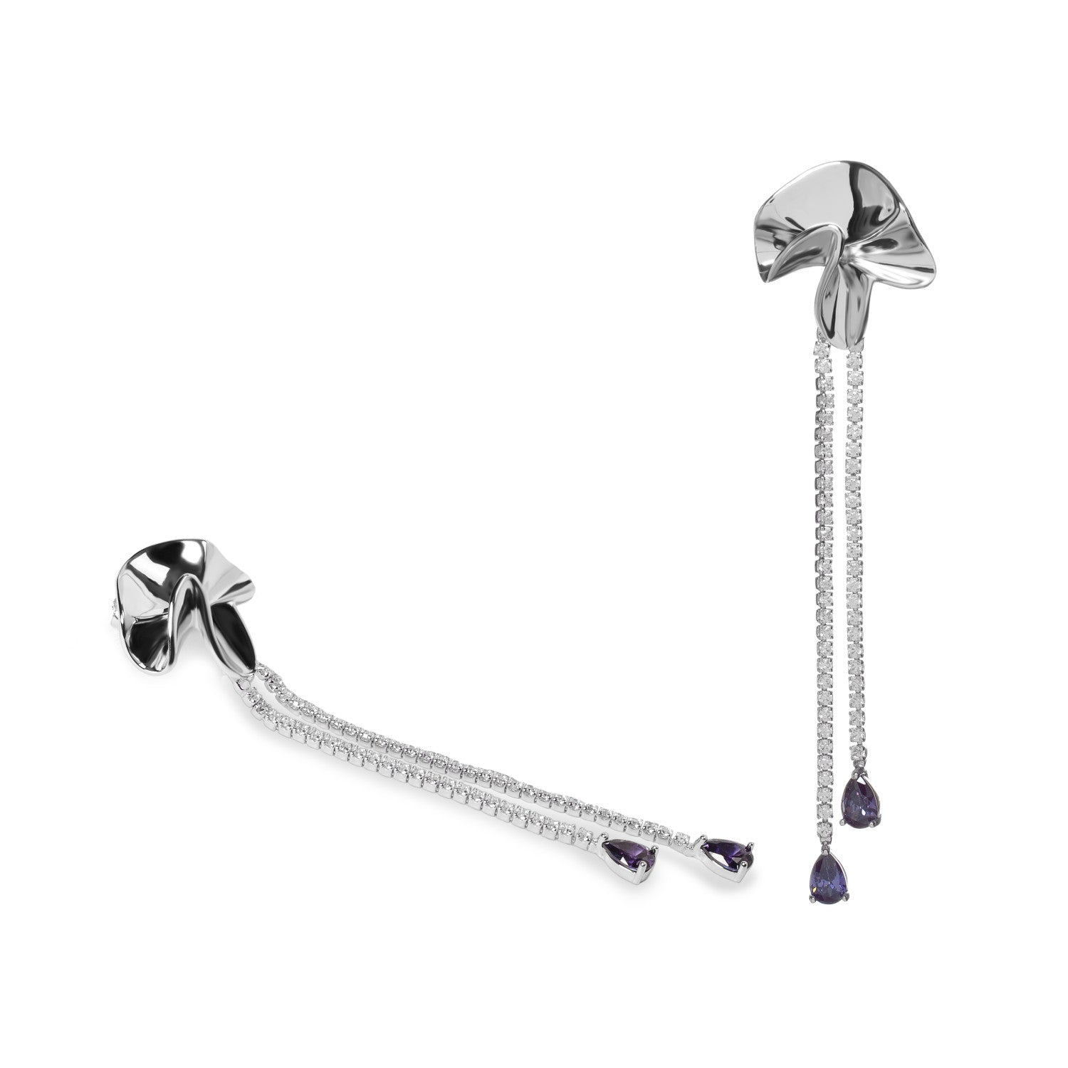 Pendientes largos de plata con circonias y gemas violetas