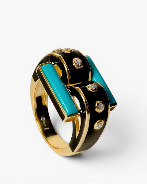 Anillo de plata bañada en oro con esmalte negro  turquesa y circonitas