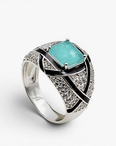 Anillo de plata con turquesa esmalte negro y circonitas