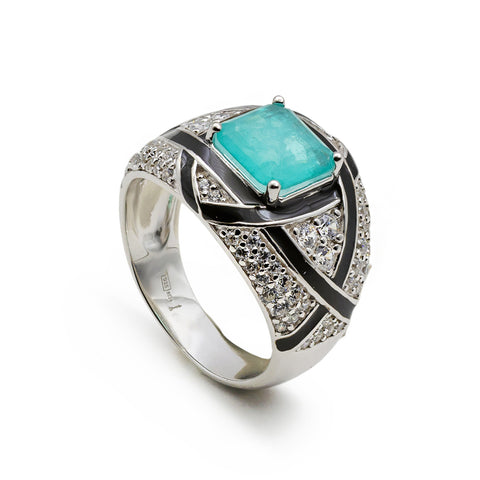 Anillo de plata con turquesa esmalte negro y circonitas