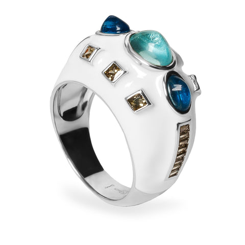 Bague en argent avec émail blanc, pierres bleues et oxydes de zirconium