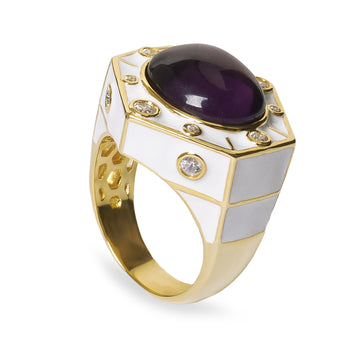 Anillo de plata bañada en oro con esmalte blanco piedra morada y circonitas