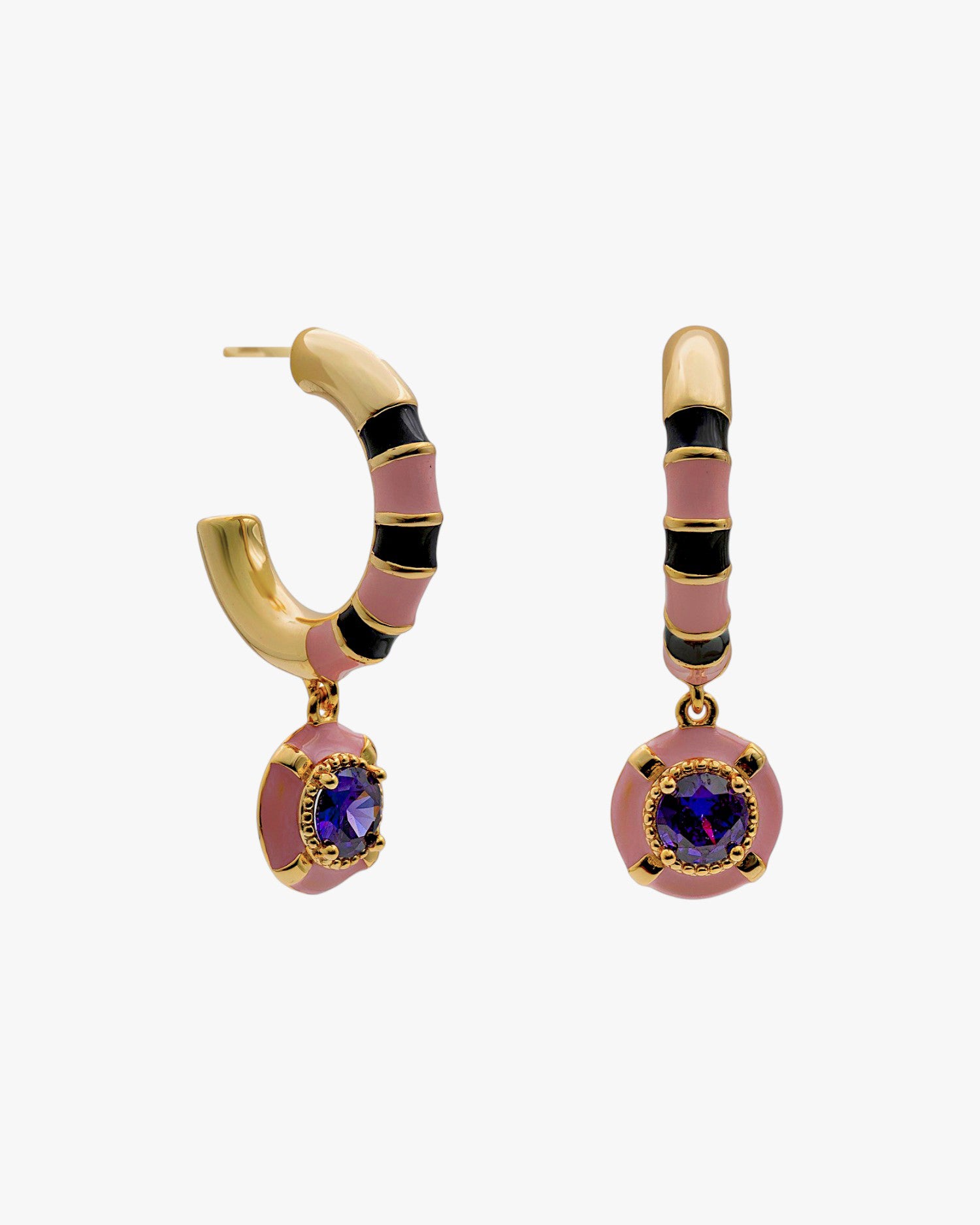 Pendientes de plata bañada en oro con esmalte rosa y negro y circonita morada