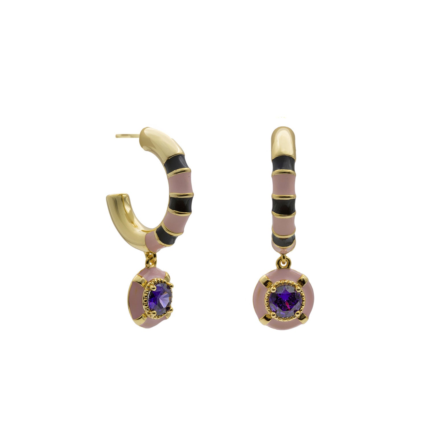 Gold-plated silver earrings with pink and black enamel and purple cubic zirconia