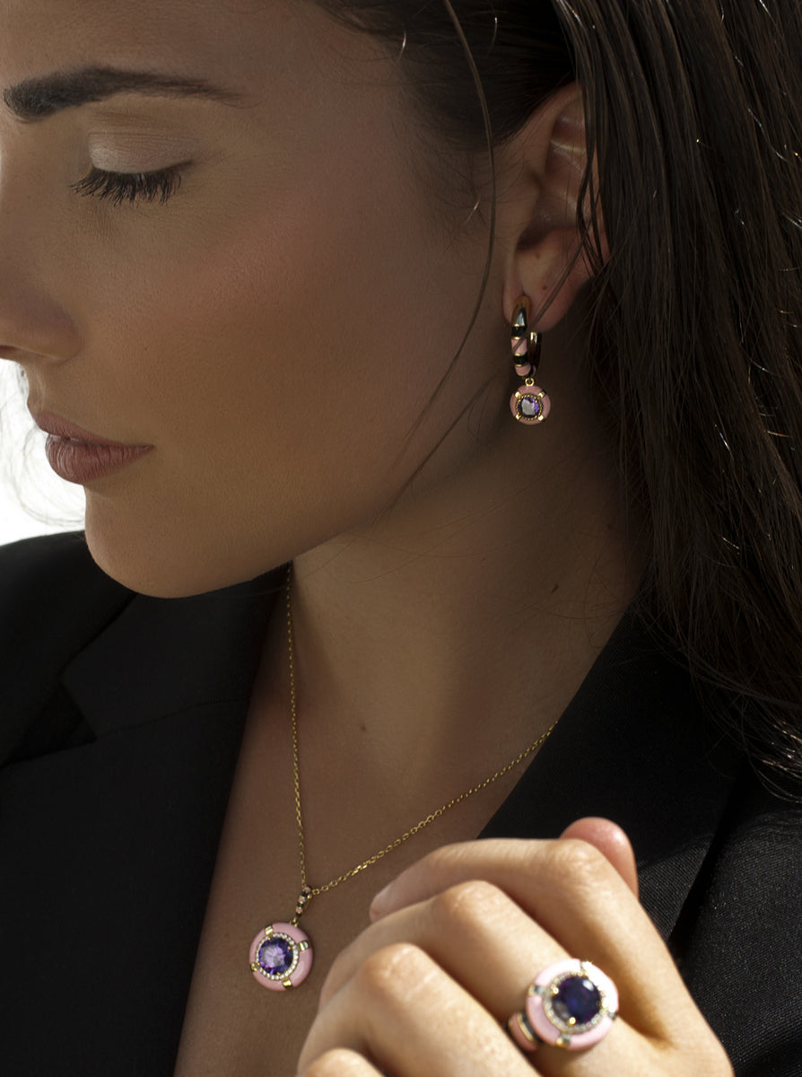 Gold-plated silver earrings with pink and black enamel and purple cubic zirconia