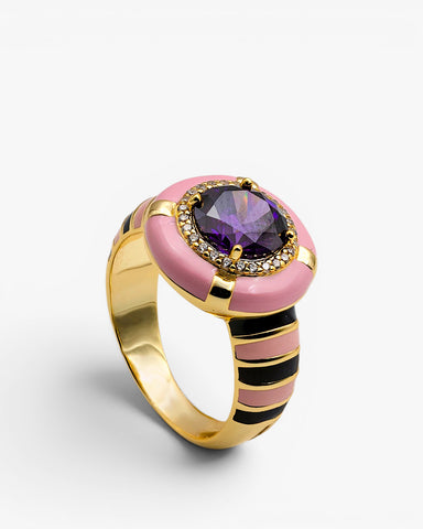 Anillo de plata bañada en oro con esmalte rosa y negro circonita morada y circonitas