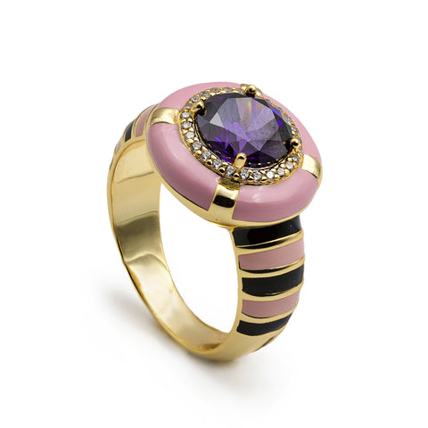 Bague en argent plaqué or avec émail rose et noir, oxyde de zirconium violet et pierres en oxyde de zirconium