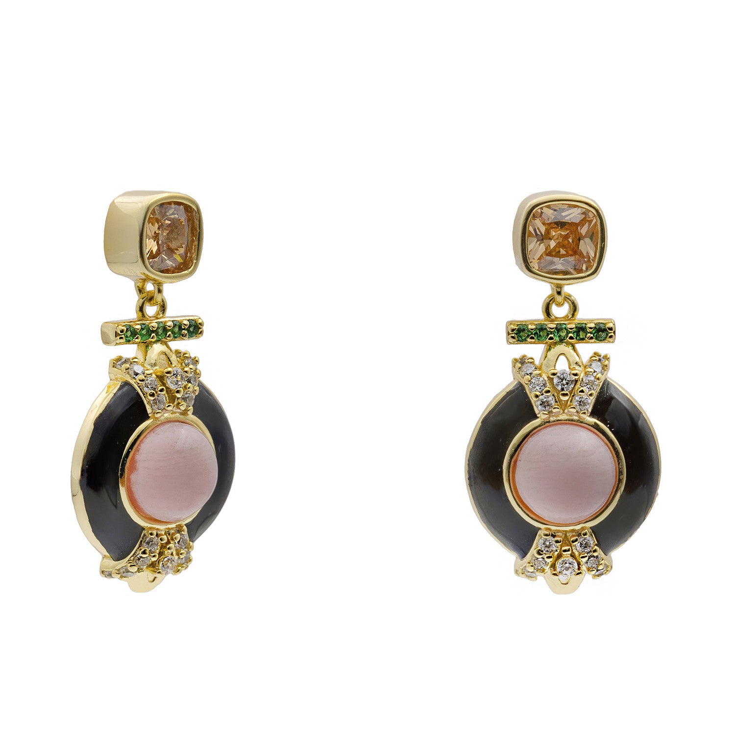 Boucles d'oreilles en argent plaqué or avec émail noir et rose et zirconiums cubiques