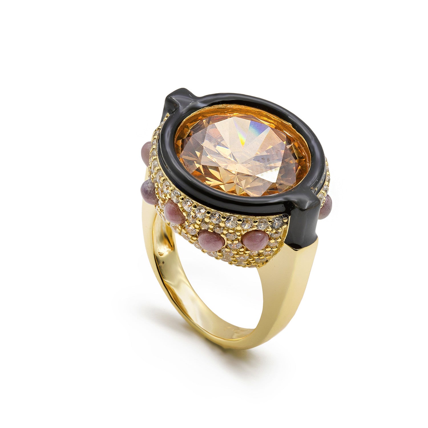 Anillo de plata bañada en oro con circonita ámbar  esmalte negro y circonitas