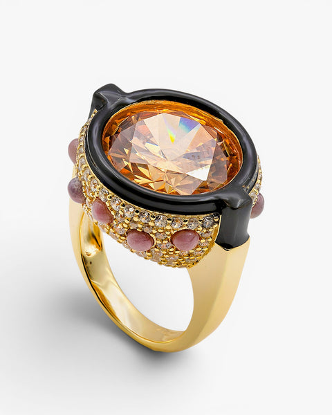 Anillo de plata bañada en oro con circonita ámbar  esmalte negro y circonitas