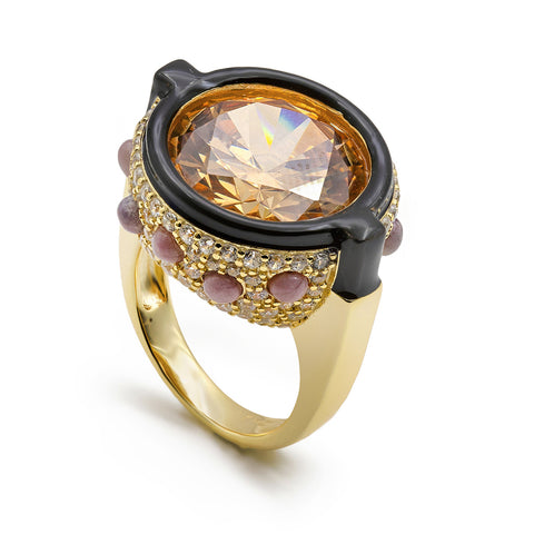 Anillo de plata bañada en oro con circonita ámbar esmalte negro y circonitas