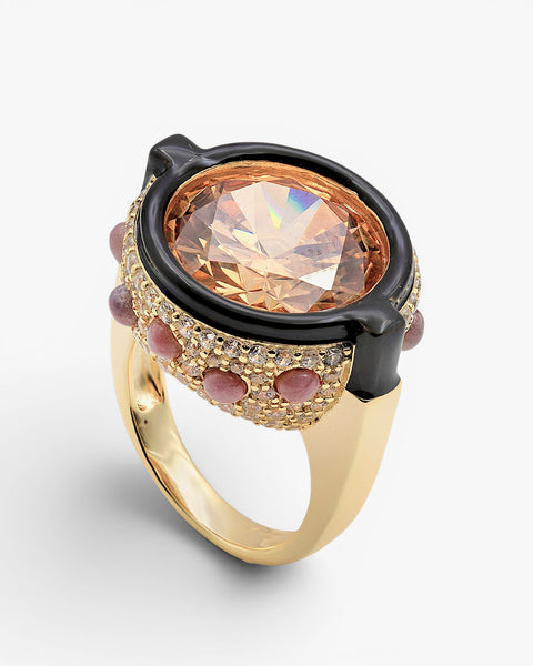 Gold-plated silver ring with amber cubic zirconia, black enamel, and cubic zirconia stones.