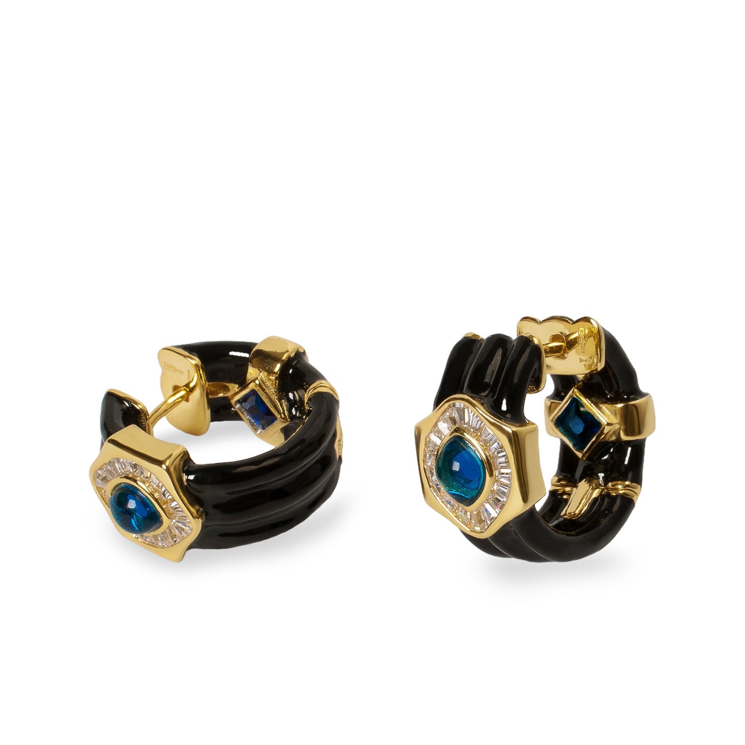 Silver hoop earrings with black enamel and blue stone