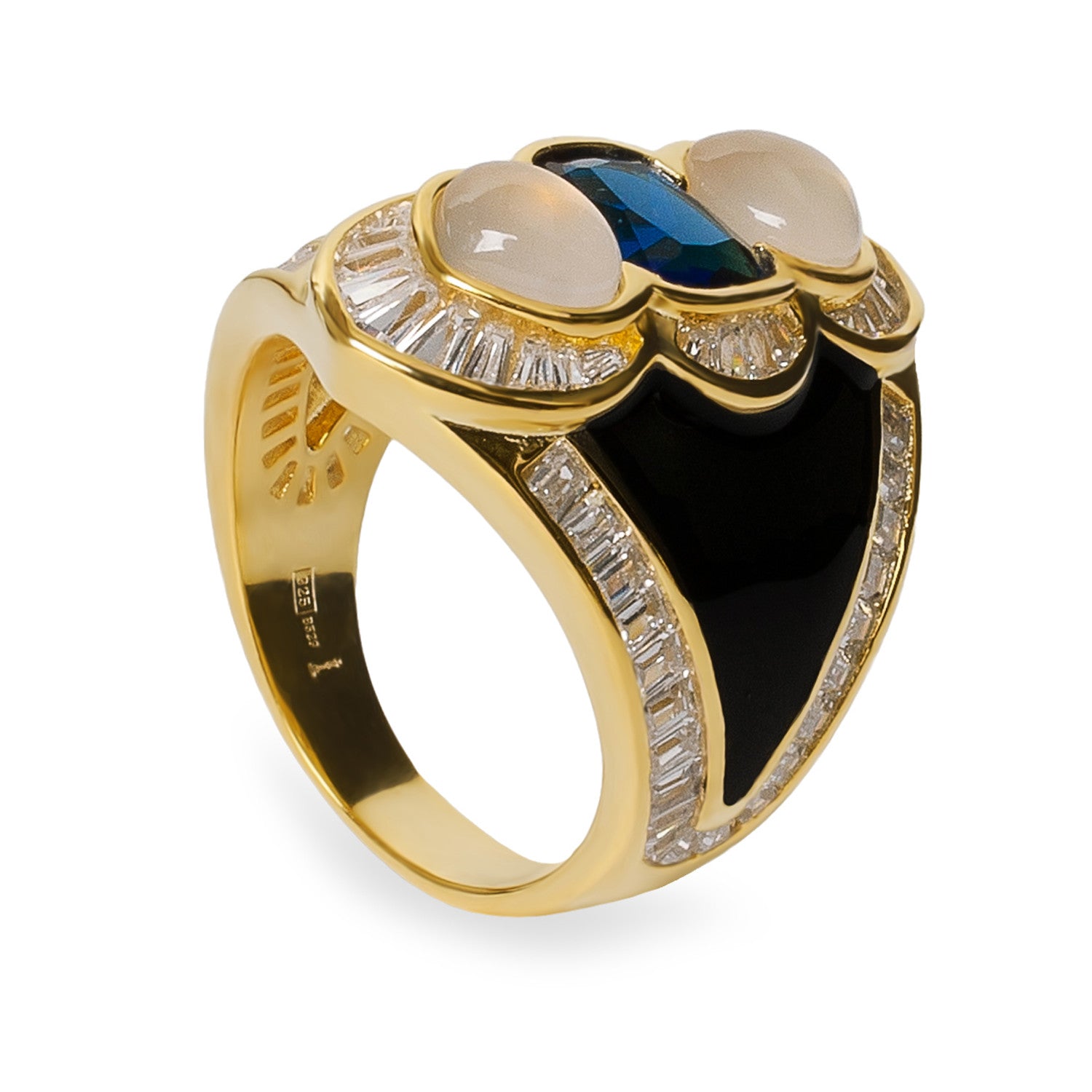 Gold-plated silver ring with black enamel, blue stone, and cubic zirconia