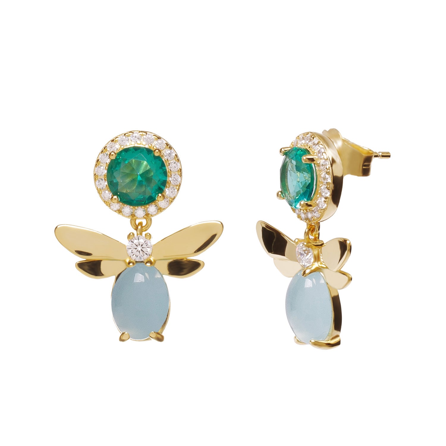 Dragonfly earrings in silver, gold, green and blue