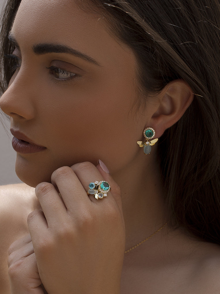 Dragonfly earrings in silver, gold, green and blue