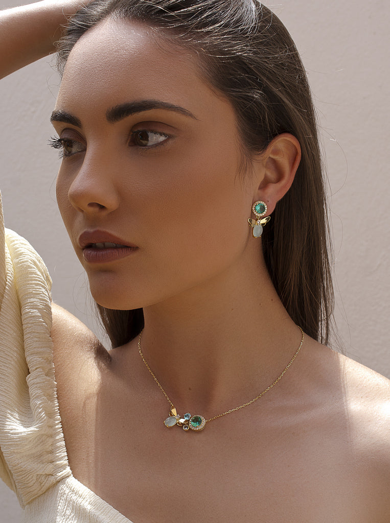 Dragonfly earrings in silver, gold, green and blue